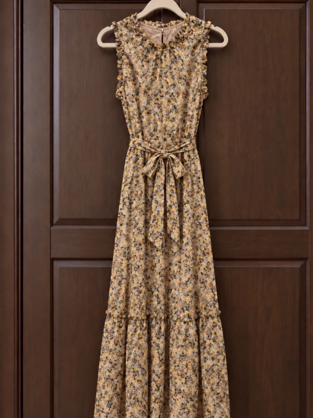 Sleeveless Floral Tie-Waist Maxi Dress in Mustard Floral